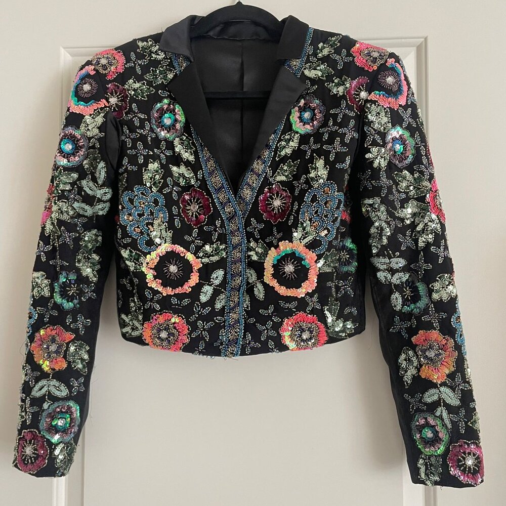 Embellished Floral Sequin Cropped Blazer - Black
